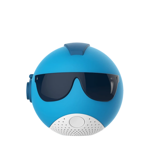 The Agent Ayo storyball: a blue ball wearing wide dark sunglasses, with a white speaker grille at the bottom