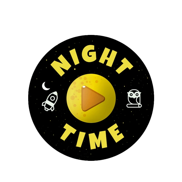 The Night Time storyball: a black ball printed with NIGHT TIME in yellow around a crescent moon play button