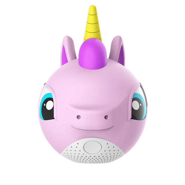 The Sesame storyball: a pale pink unicorn with a yellow horn, blue eyes and a white speaker grille