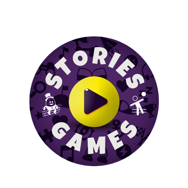 The plain Storyball: a purple ball printed with STORIES and GAMES around a yellow play button