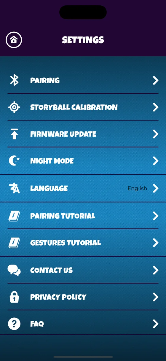 The settings screen listing pairing, calibration, firmware update, night mode, language and the tutorials