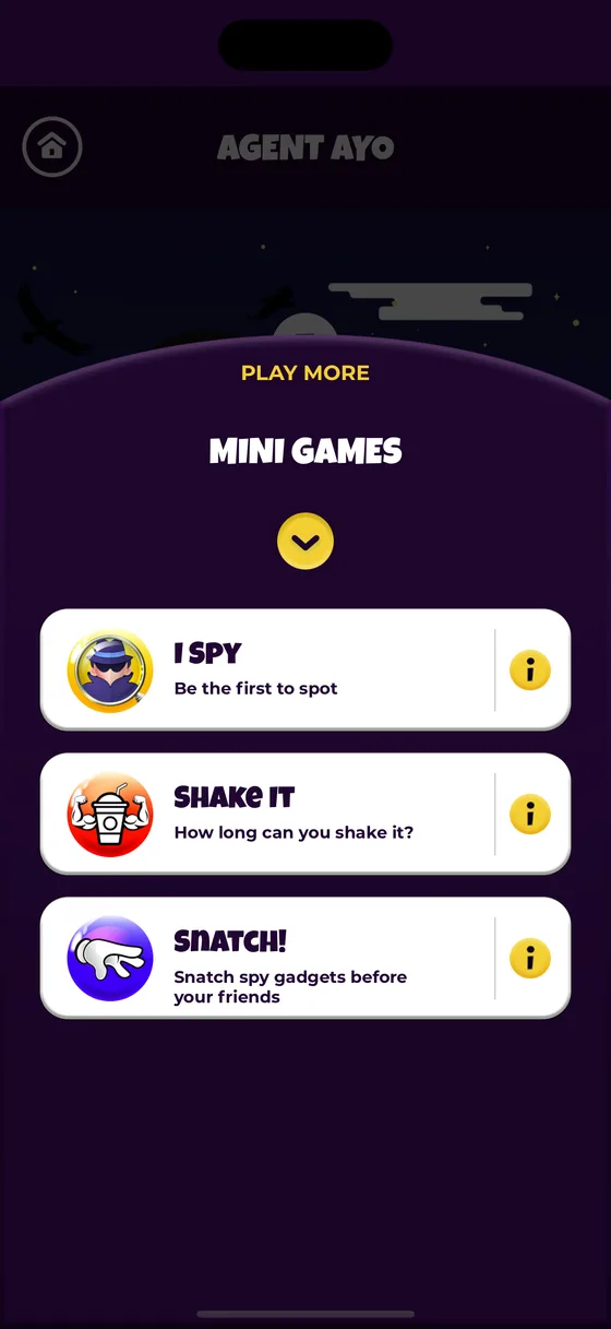 The mini games list for Agent Ayo: I Spy, Shake It and Snatch, each with a one-line description