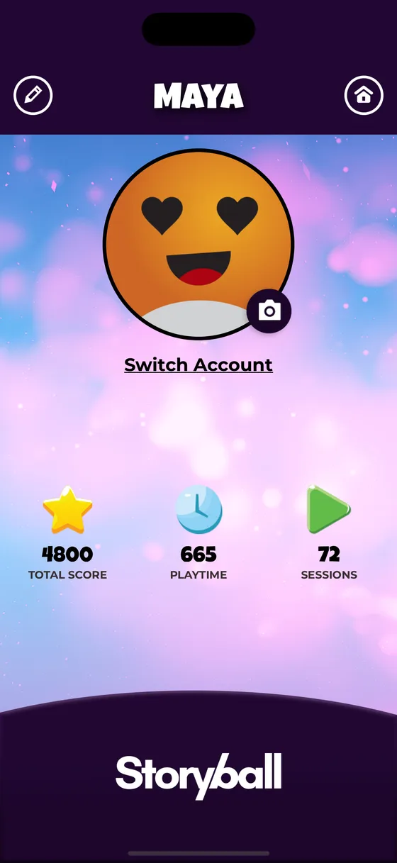 A child profile named Maya, showing total score, playtime in minutes and the number of sessions played