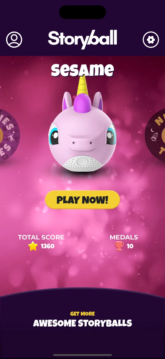 The home screen with Sesame the unicorn selected, pink background, PLAY NOW button and her own score and medals