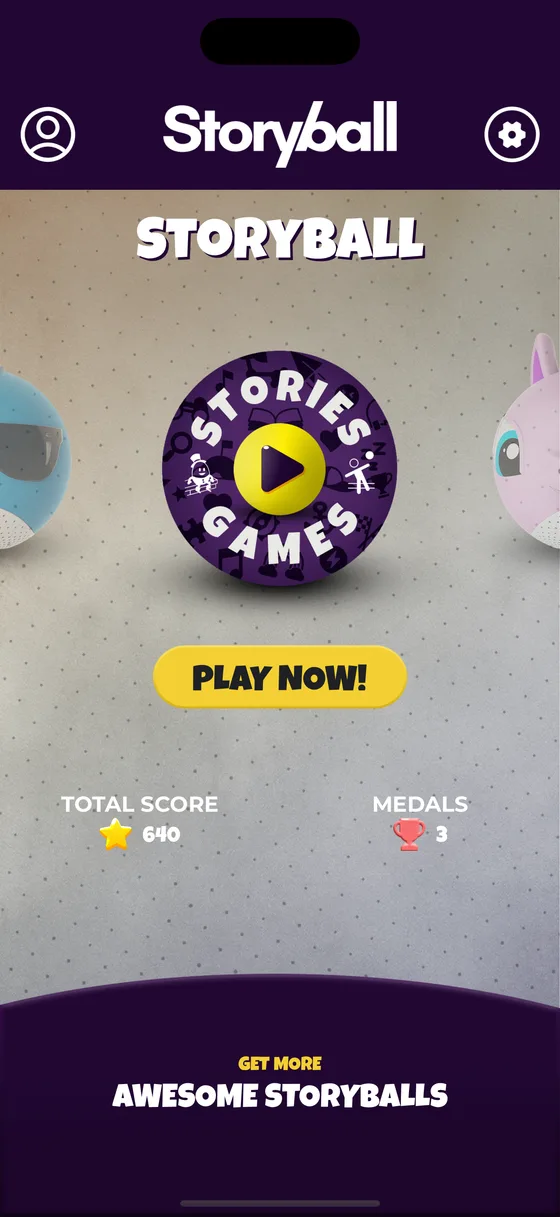 The home screen with the plain Storyball selected, a purple ball printed with STORIES and GAMES around a play button