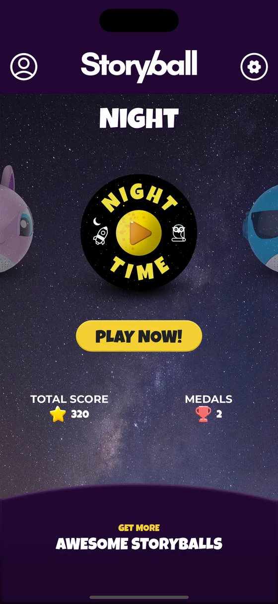 The home screen in Night Time, a black ball printed with NIGHT TIME against a starfield